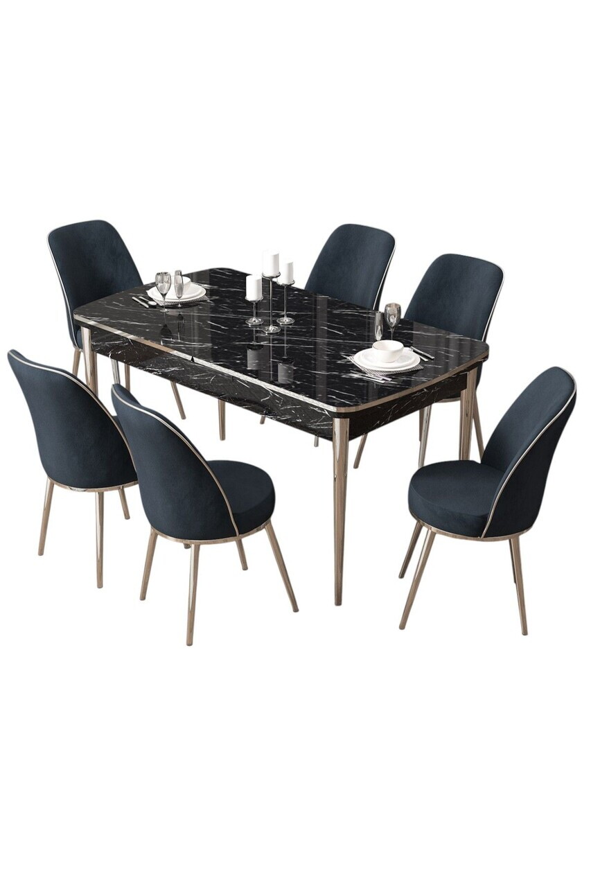 Set masa extensibila si scaune (7 piese), Hanah Home, Pale, Model de marmură neagră / Crom / Antracit — imaginea 2