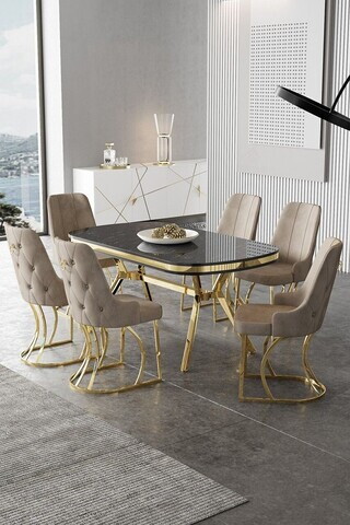 Set masa si scaune (7 piese), Hanah Home, Epal, Sonata / Aur / Cappuccino