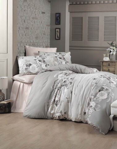 Lenjerie de pat dubla King Size, Victoria, Hevin, 6 piese, 240×260 cm, 100% bumbac satinat, gri/roz pudra 100