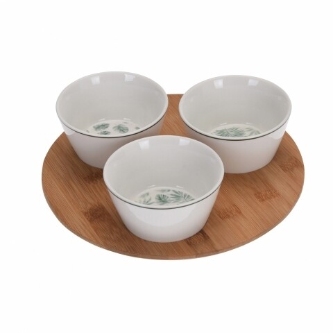 Set 3 boluri cu suport Leaves, 5 x 10 cm, ceramica si bambus, alb/natur