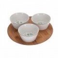 Set 3 boluri cu suport Leaves, 5 x 10 cm, ceramica si bambus, alb/natur