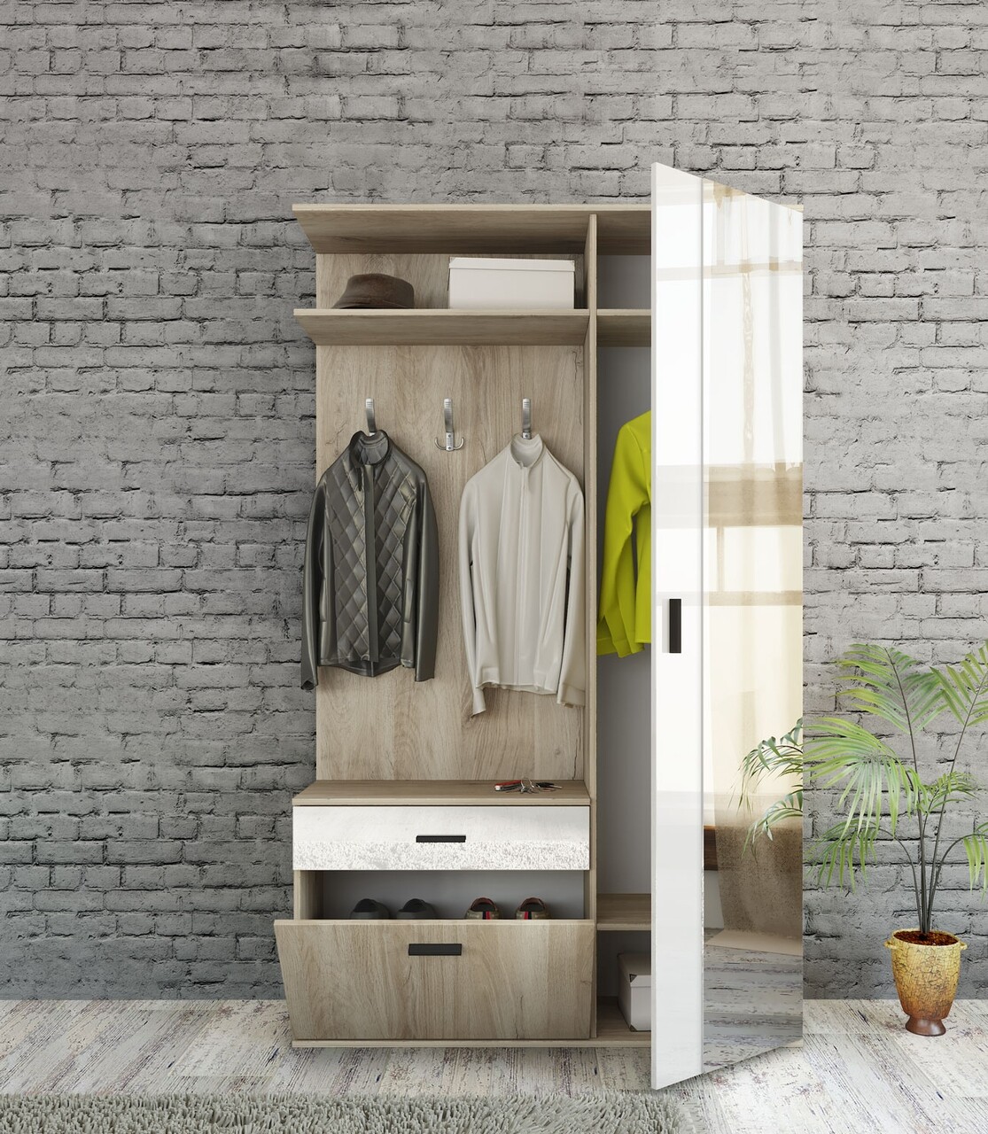 Easy Management Accounting Dulap cu pantofar, cuier si oglinda, Bedora, City 4055, 120 x 35.5 x 199 cm, PAL, stejar/alb - mezoni.ro Easy Management Accounting Dulap cu pantofar, cuier si oglinda, Bedora, City 4055, 120 x 35.5 x 199 cm, PAL, stejar/alb - mezoni.ro