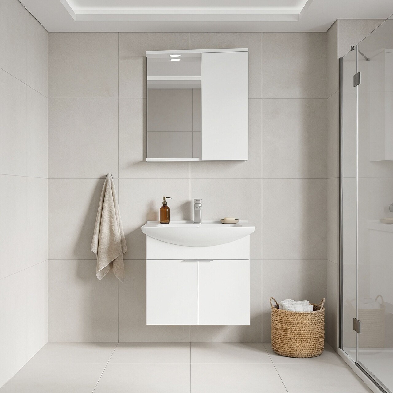 Set Dulap de Baie cu Chiuvetă și Oglindă (2 Piese), Hanah Home, Purus 65, Alb
