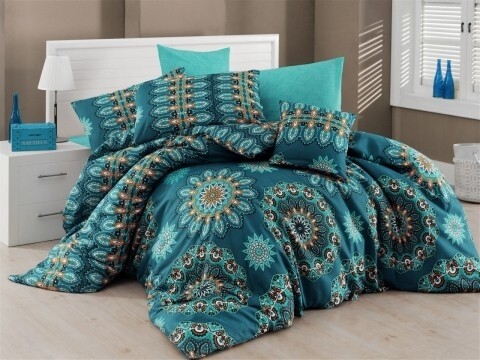 Lenjerie de pat pentru o persoana, 3 piese, amestec bumbac, Nazenin Home, Hula, turcoaz