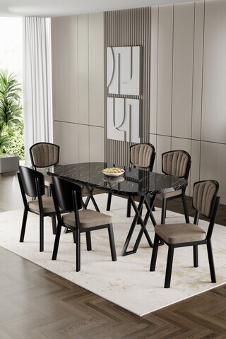 Set masa si scaune (7 piese), Hanah Home, Flori, Model de marmură neagră / Cappuccino