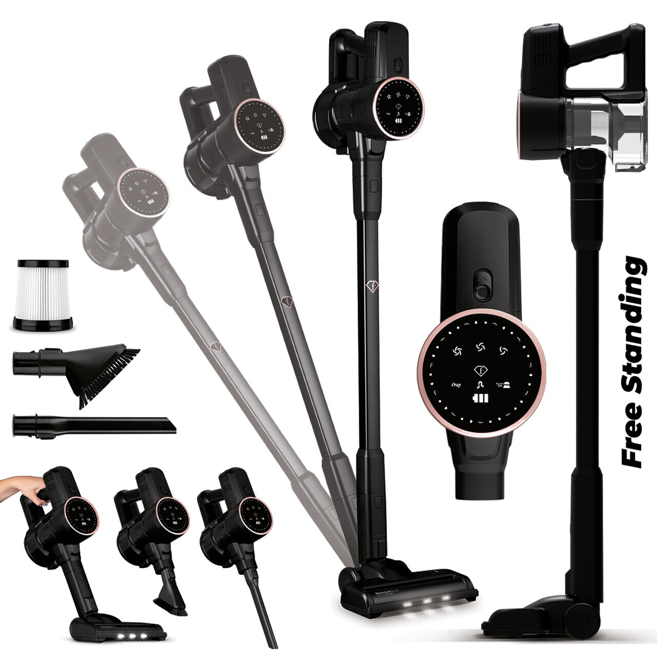 Aspirator vertical Fashion TV, Matte Black-Rose Gold, 250 W, 3 viteze, negru - imagine 12