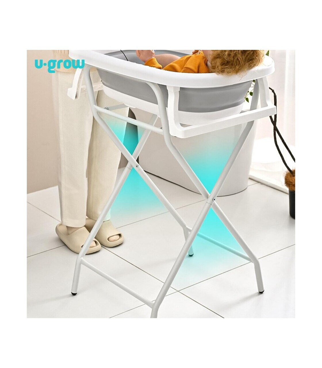 Cadita pliabila cu suport metalic si termometru U-grow, 85x47x21.5 cm, metal, alb/gri - imagine 8