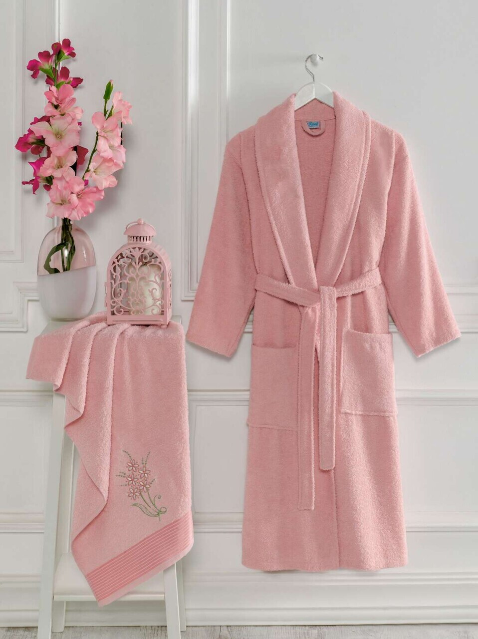 Set halat si prosop de baie, L'essentiel Maison, Cora, Bumbac, Roz pudra
