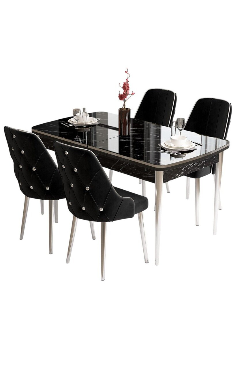Set masa si scaune (5 piese), Hanah Home, Tia, Model de marmură neagră / Crom / Negru — imaginea 2