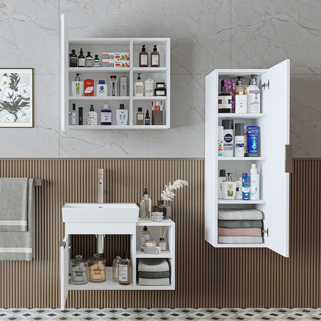 Set Dulap de Baie cu Chiuvetă și Oglindă (3 Piese), Hanah Home, 2925, PAL MELAMINAT, Alb — imaginea 4