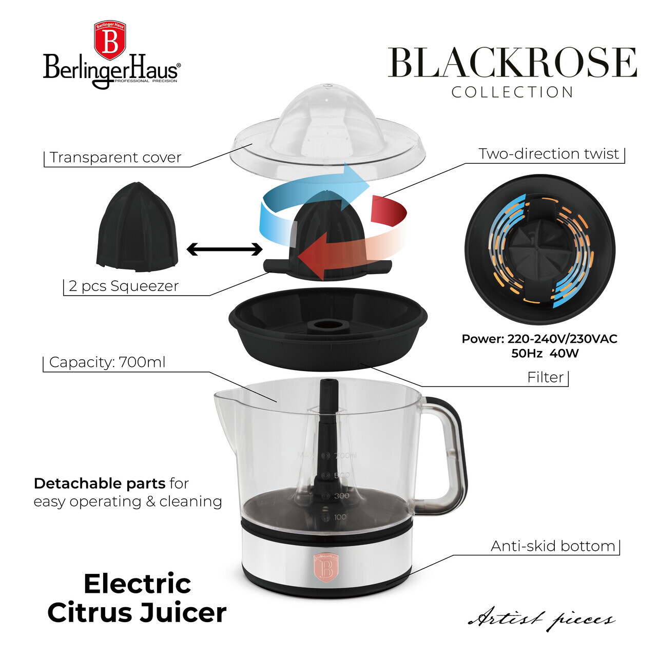 Storcator electric de citrice Berlinger Haus, Black Rose, 40W, 700 ml, plastic/inox, negru/transparent - imagine 9