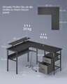 Birou in forma de L / birou de colt, Vasagle, Gaming Desk, cu suport monitor, sertare, priza incorporata si porturi USB, 120x150x89 cm, PAL/otel, negru