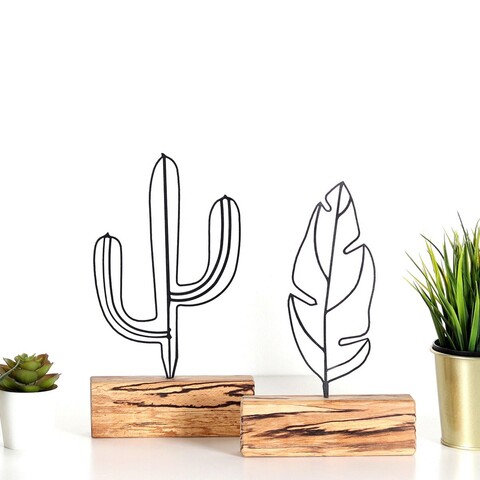 Set 2 decoratiuni, cactus feather mini set, metal, negru