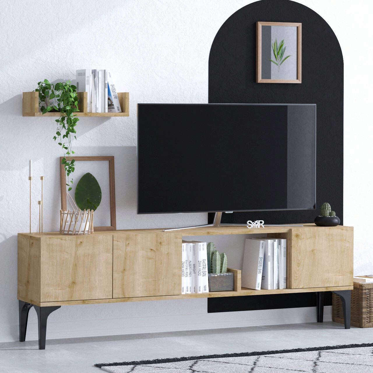 Comoda TV, Emerald, Vesta, 150x47x35 Cm, Stejar Safir / Negru