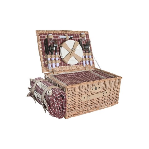 Cos de picnic pentru 4 persoane, DKD Home Deco, 44 x 30 x 22 cm, rachita, natural/rosu