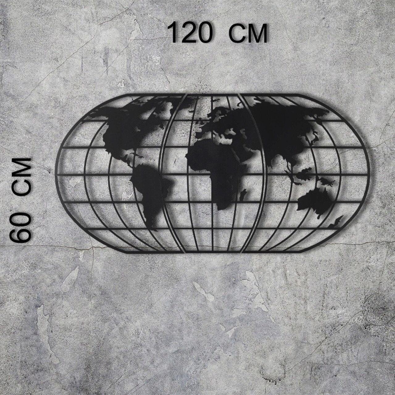 Decoratiune de perete, World Map Globe, Metal, Dimensiune: 60 x 120 cm, Negru