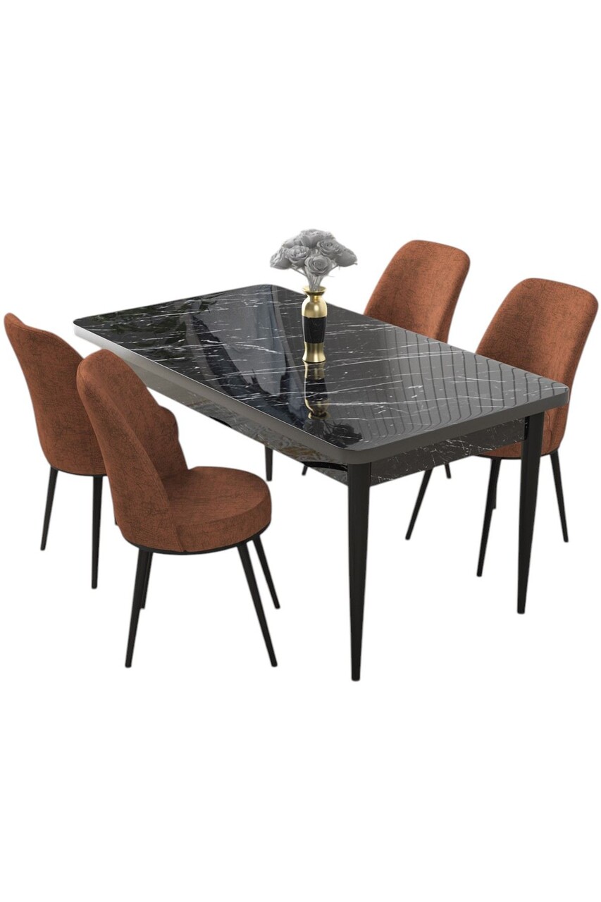 Set masă și scaune (5 bucăți), Hanah Home, Nil, Marmură neagră / Roșu de faianță - view 2