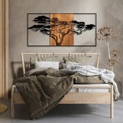 Decoratiune de perete, acacia tree, 50% lemn/50% metal, dimensiune: 147 x 3 x 70 cm, nuc negru