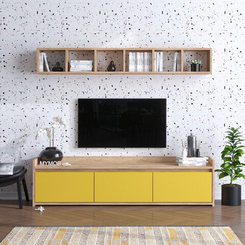 Comoda tv, mod design, avan, stejar / galben