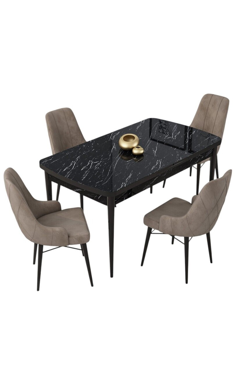 Set masa extensibila si scaune (5 piese), Hanah Home, Lia, Model de marmură neagră / Cappuccino — imaginea 2