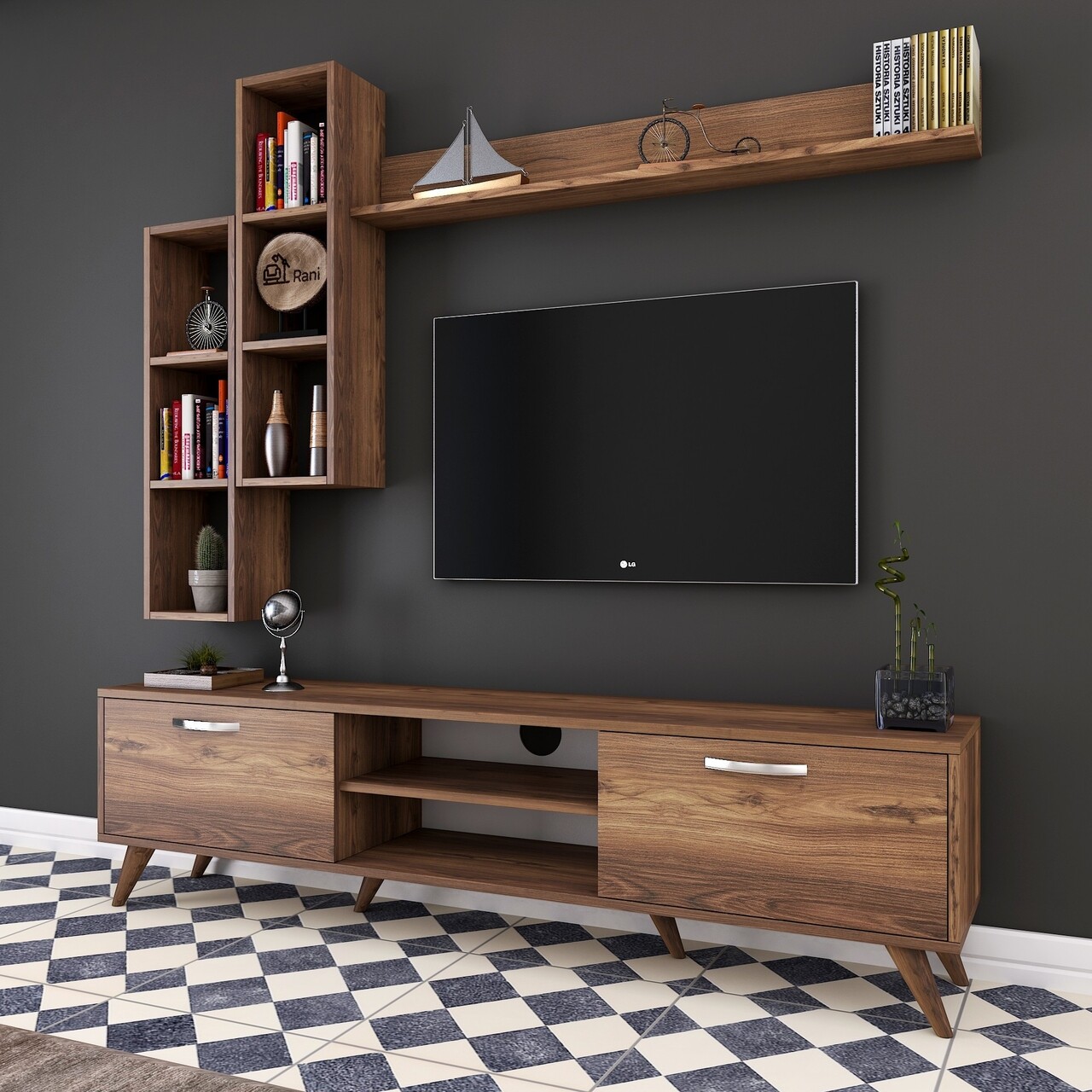 Comoda TV Cu 3 Rafturi De Perete M16 - 262, Wren, 180 X 35 X 48.6 Cm/90 Cm/133 Cm, Walnut