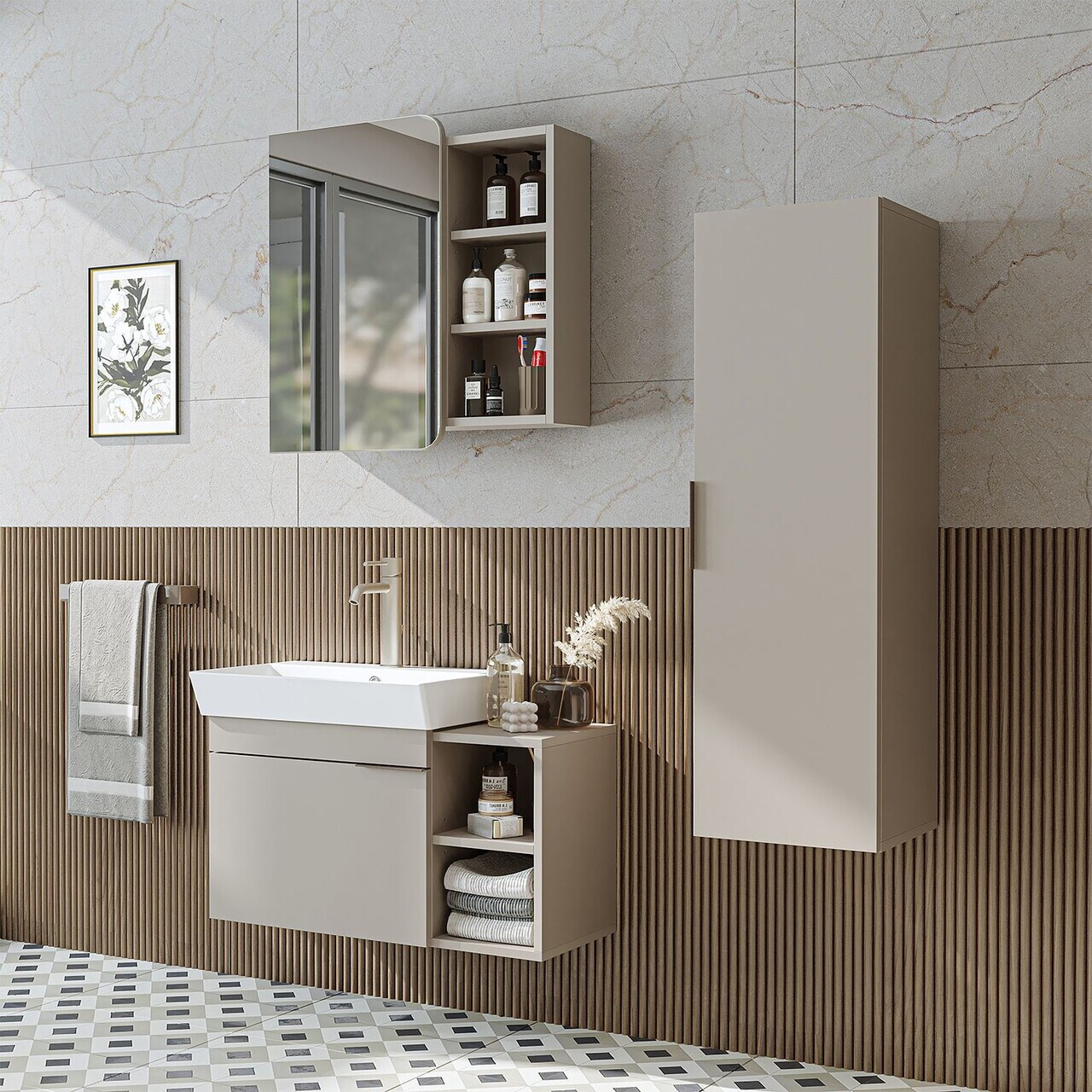Set Dulap de Baie cu Chiuvetă și Oglindă (3 Piese), Hanah Home, 2942, PAL MELAMINAT, Gresie — imaginea 3