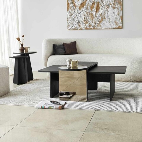 Set masute Nesting 4 piese, Hanah Home, Luna, PAL, Negru/Bronz