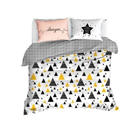 Lenjerie de pat dubla I love - Black a Yellow, EnLora Home, 3 piese, bumbac ranforce, negru/galben