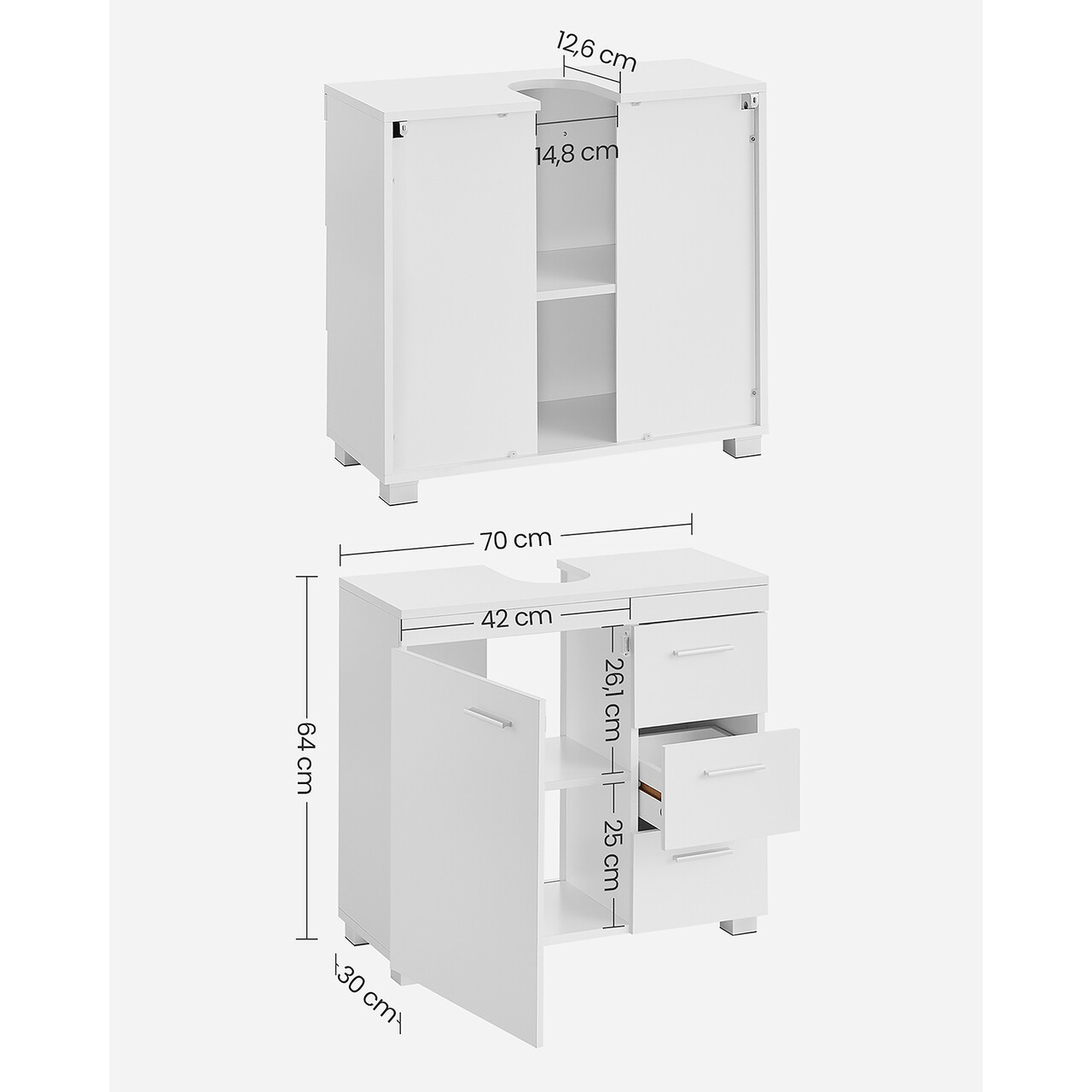 Dulap pentru baie / masca de lavoar cu 3 sertare, Vasagle, 70x30x64 cm, MDF, alb cloud - 1 | YEO