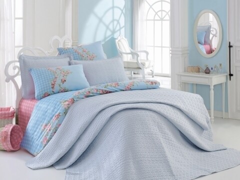 Set lenjerie de pat + pled pentru o persoana, 5 piese, 100% bumbac ranforce, Cotton Box, Blue
