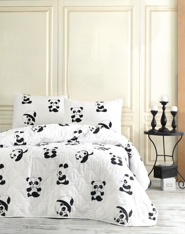 Set cuvertura de pat dubla matlasata, EnLora Home, Panda Black White, 3 piese, 65% bumbac, 35% poliester, alb/negru EnLora Home
