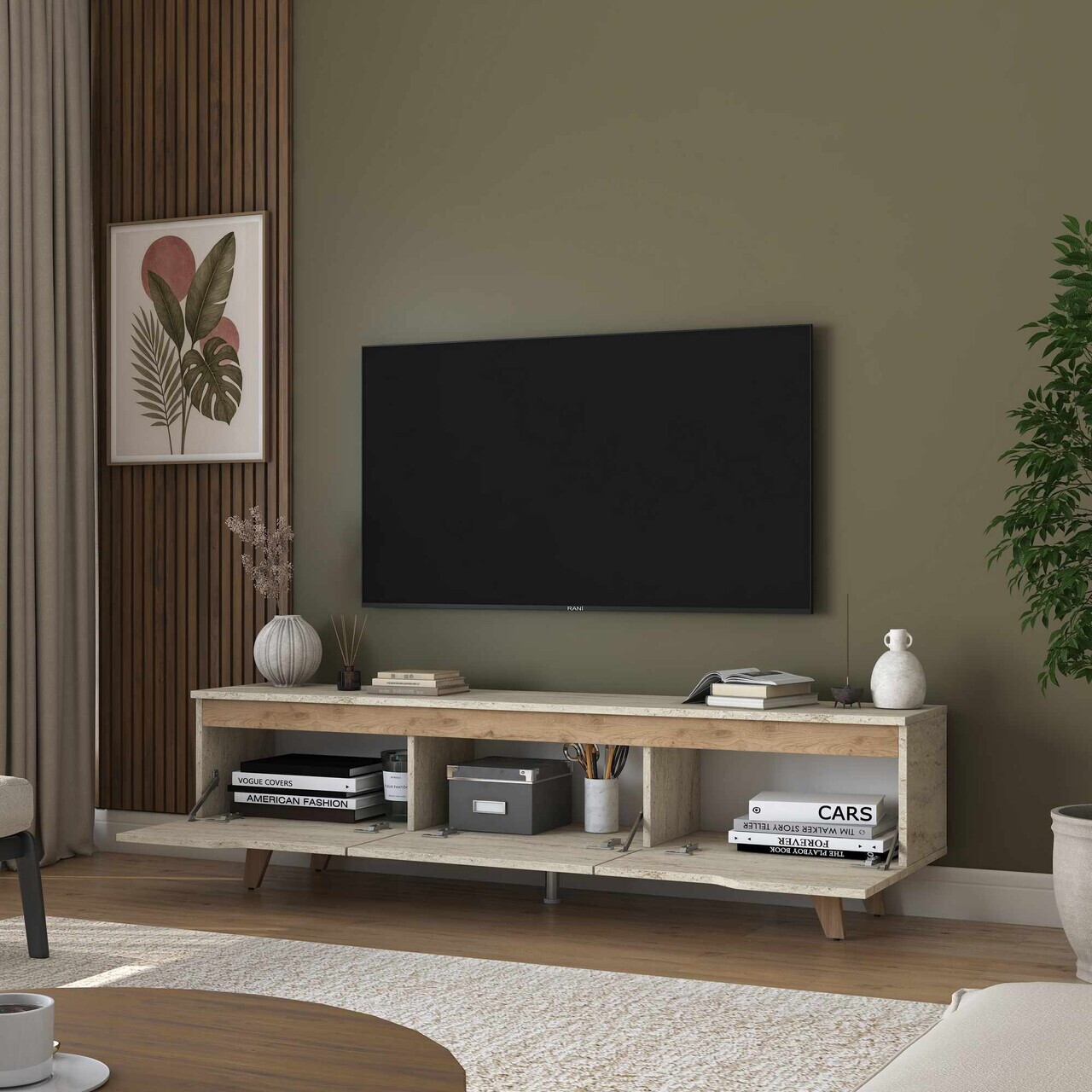 Comoda TV, Hanah Home, AA168, 180x48.3x35 cm, Travertin / Nuc — imaginea 5