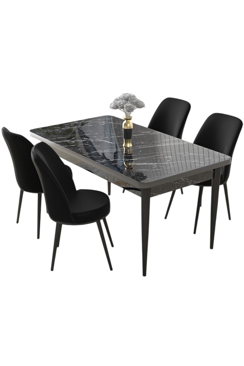 Set masă și scaune (5 bucăți), Hanah Home, Nil, Marmură neagră / Negru - view 2