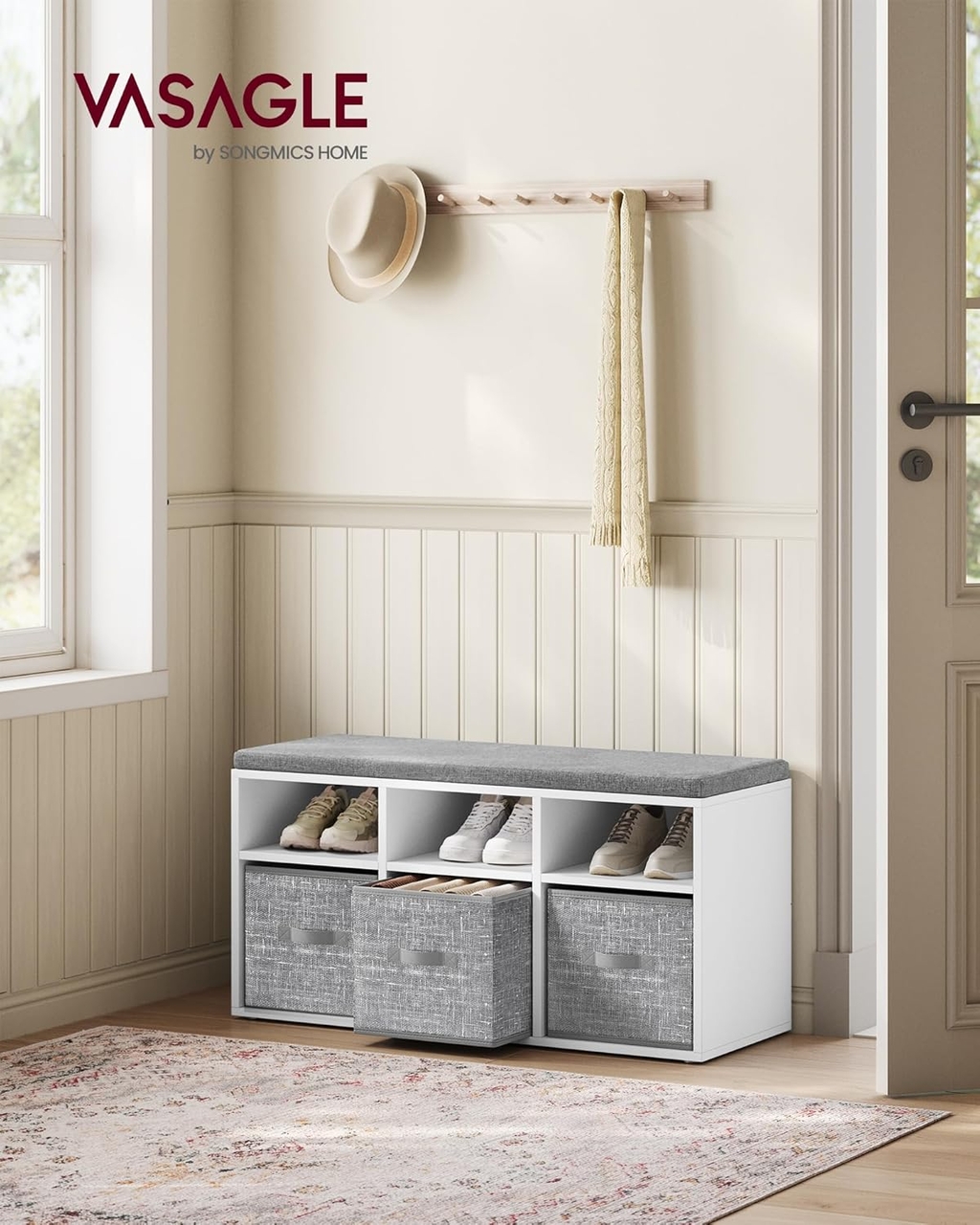 Bancheta cu 6 compartimente si 3 cutii textile, Vasagle, 87x30.3x48 cm, PAL/tesatura Oxford, alb