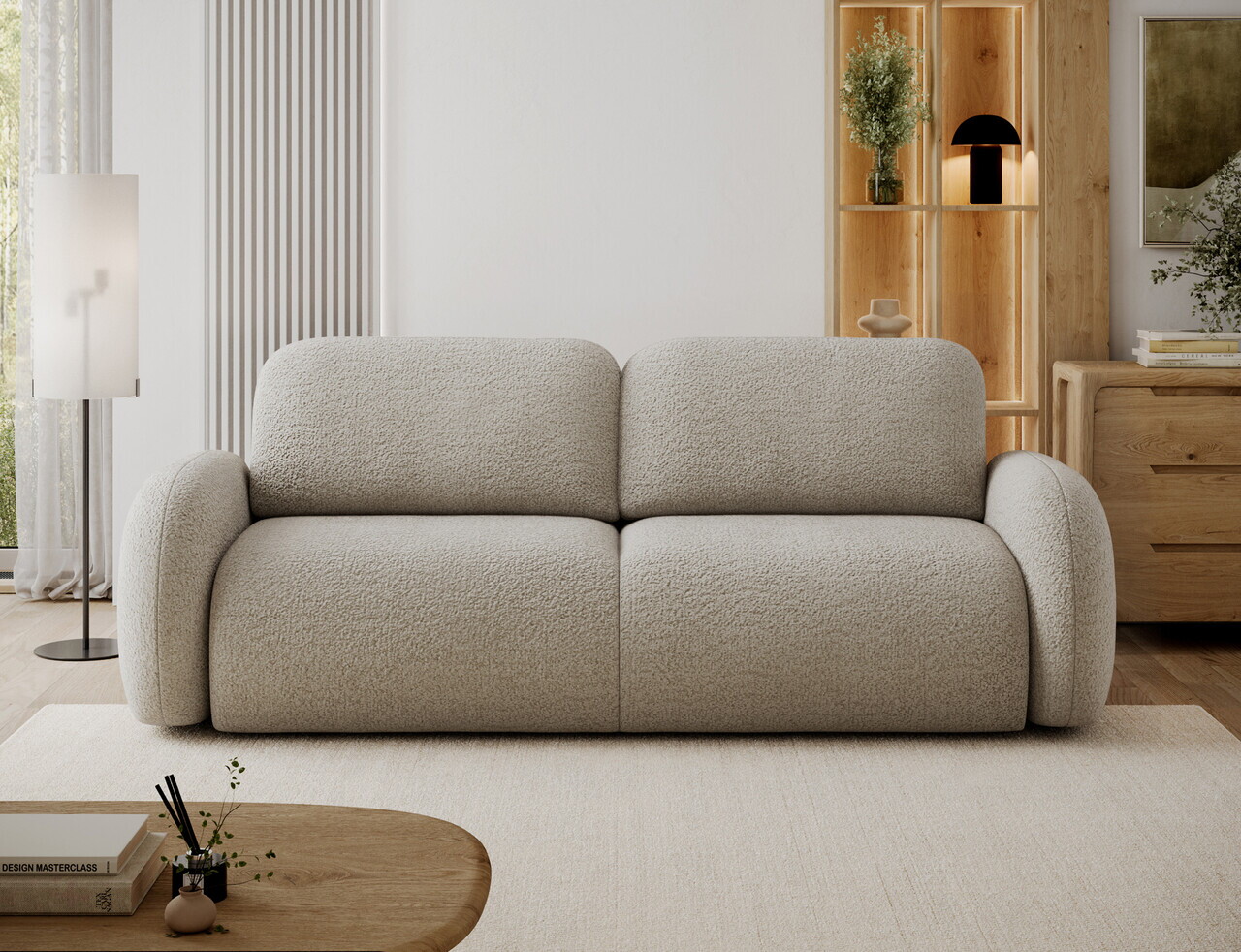 Canapea extensibila 3 locuri ELTAP, Avuela, 250x105x94 cm, lemn/tesatura boucle, bej — imaginea 2