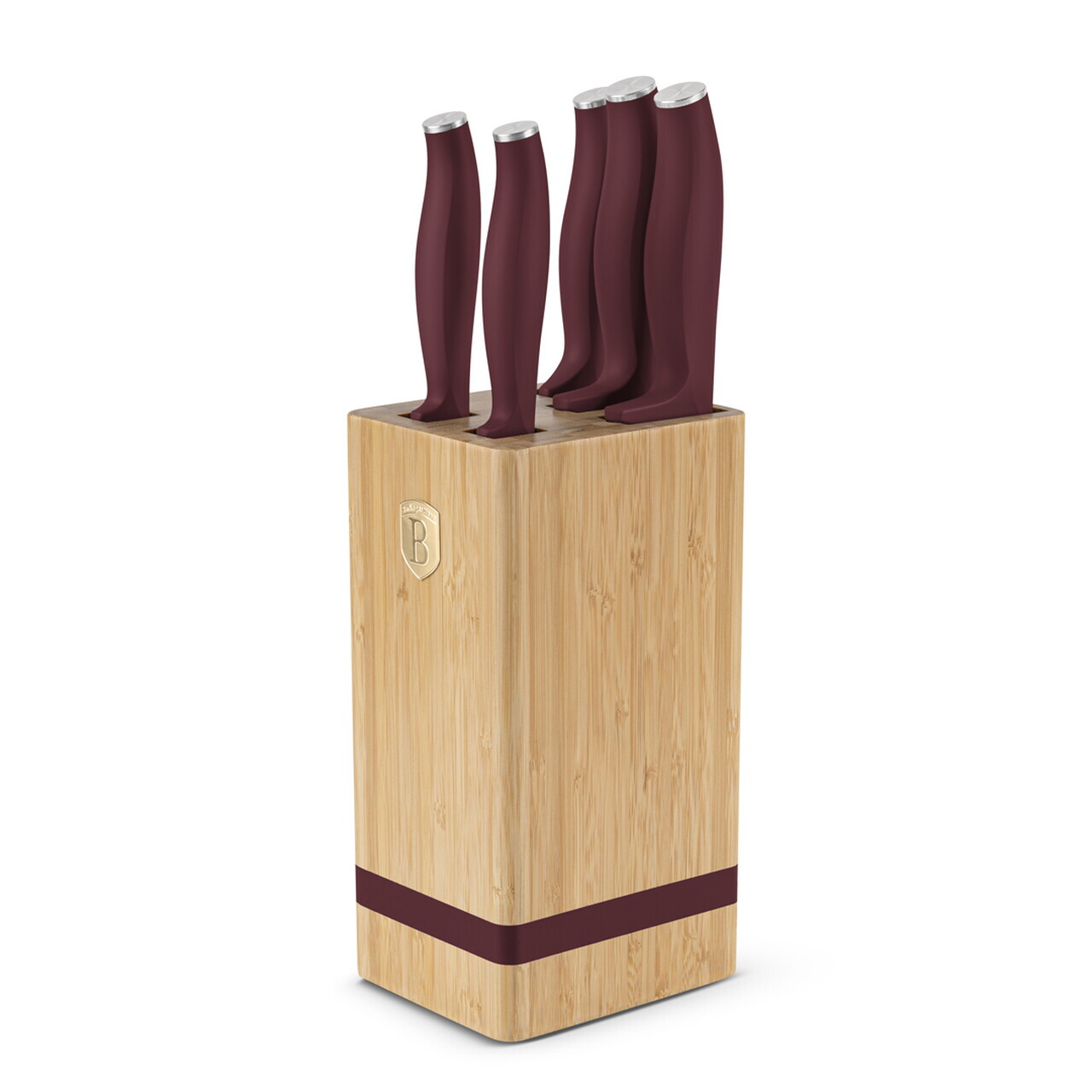 Set 5 cutite cu suport patrat Berlinger Haus, Leonardo, inox/bambus, visiniu mat/natur - imagine 3