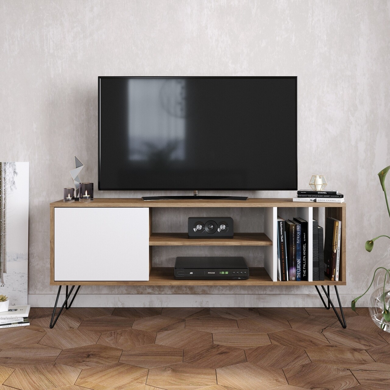 Comoda TV, Zena Home, Mistico, 140 X 58.7 X 35.5 Cm, Pal Melaminat, Nuc/negru/alb