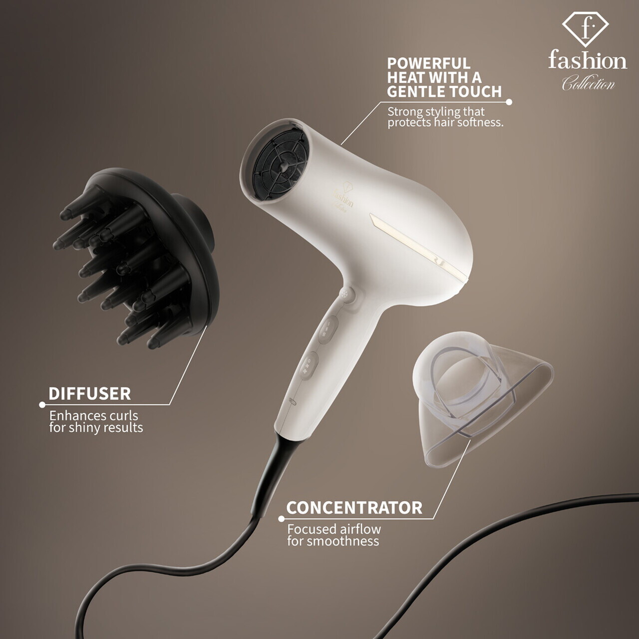 Uscator de par profesional Fashion TV, Matte Cream-Gold, 1950-2300W, 2 viteze, 3 trepte de temperatura, crem - imagine 7