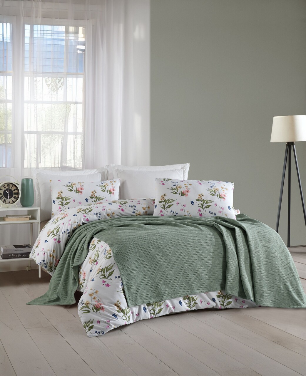 Set cuvertura pique dubla, Zigzag - Green, Şaheser, Bumbac