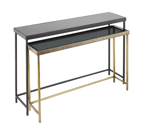 Set 2 console Yamir, Bizzotto, 107 x 26 x 79 cm, otel/sticla temperata, negru/auriu