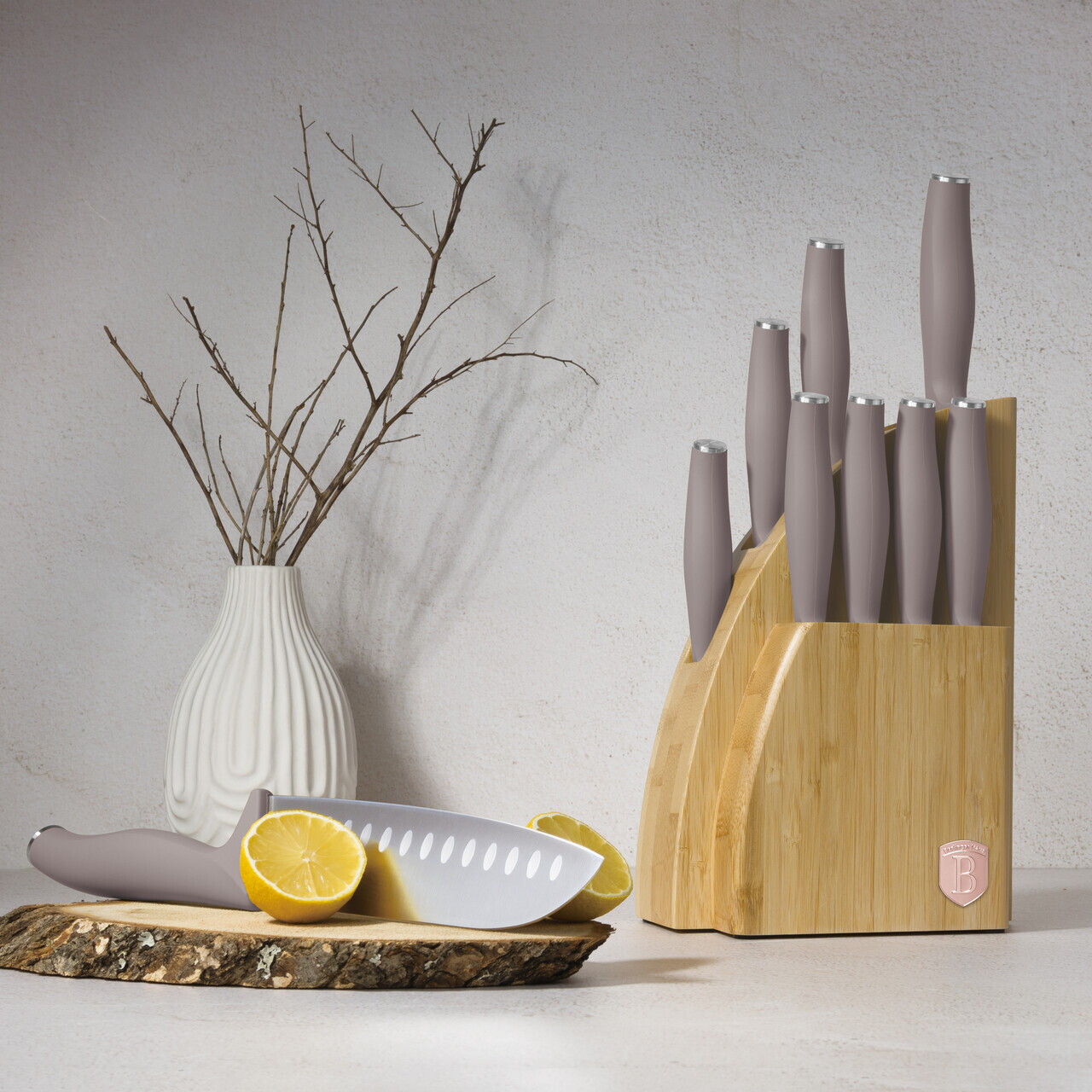 Set 9 cutite cu suport Berlinger Haus, Taupe, inox/bambus, taupe mat/natur - view 2