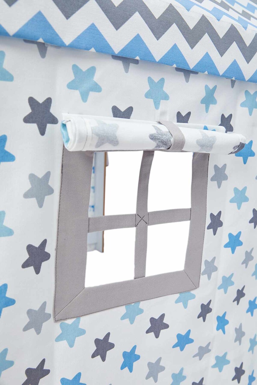 Cort de joaca pentru copii, Hanah Home, Wooden Tent, 95x114x90 cm, Alb/Albastru - imagine 9