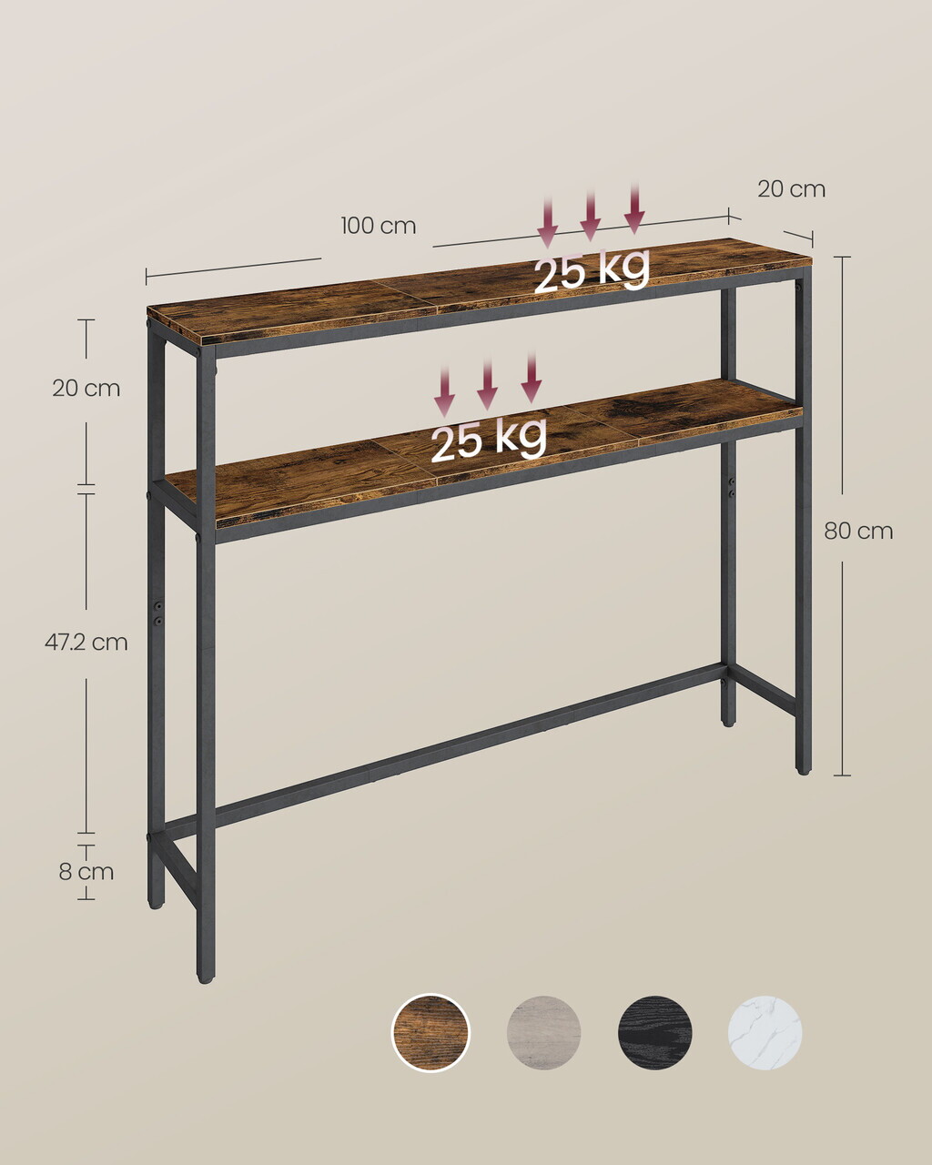 Consola cu 2 rafturi, Vasagle, 100x20x80 cm, PAL/otel, maro rustic/negru - view 6