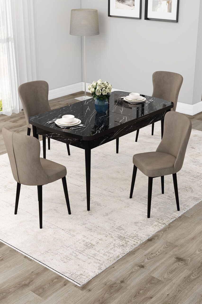 Set masa extensibila si scaune (5 piese), Hanah Home, Due, Model de marmură neagră / Cappuccino