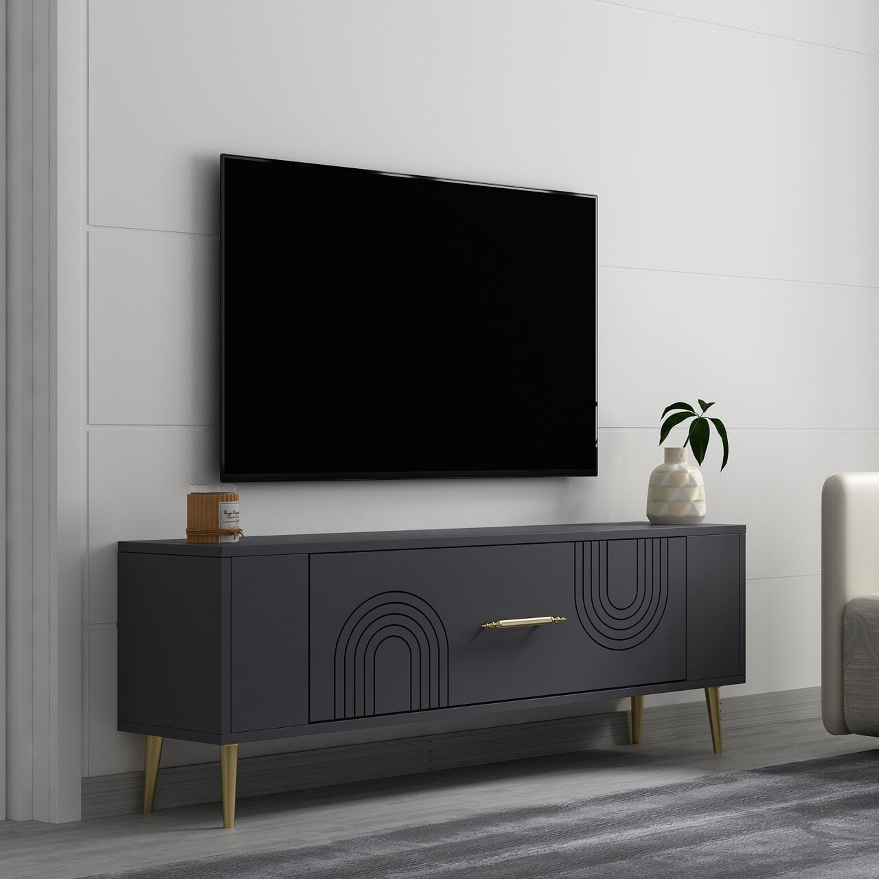 Comoda TV, Olivia, Retrol2, Antracit / Aur - 1 | YEO