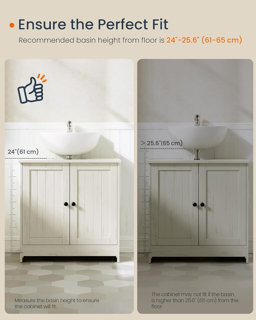 Dulap pentru baie / masca de lavoar Songmics, montaj fara unelte, 60x60x61.5 cm, PAL, alb rustic - imagine 3