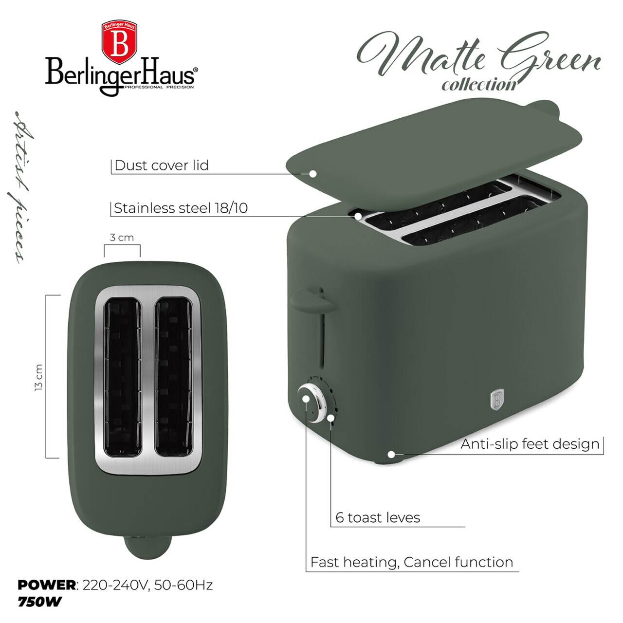 Prajitor de paine cu capac Berlinger Haus, Matte Green, 750W, inox, verde mat - imagine 10