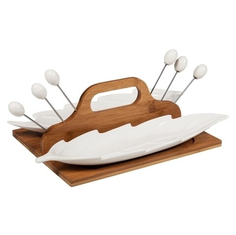 Set 2 boluri pentru aperitive, scobitori si suport Leaf Creaciones Meng, portelan/bambus