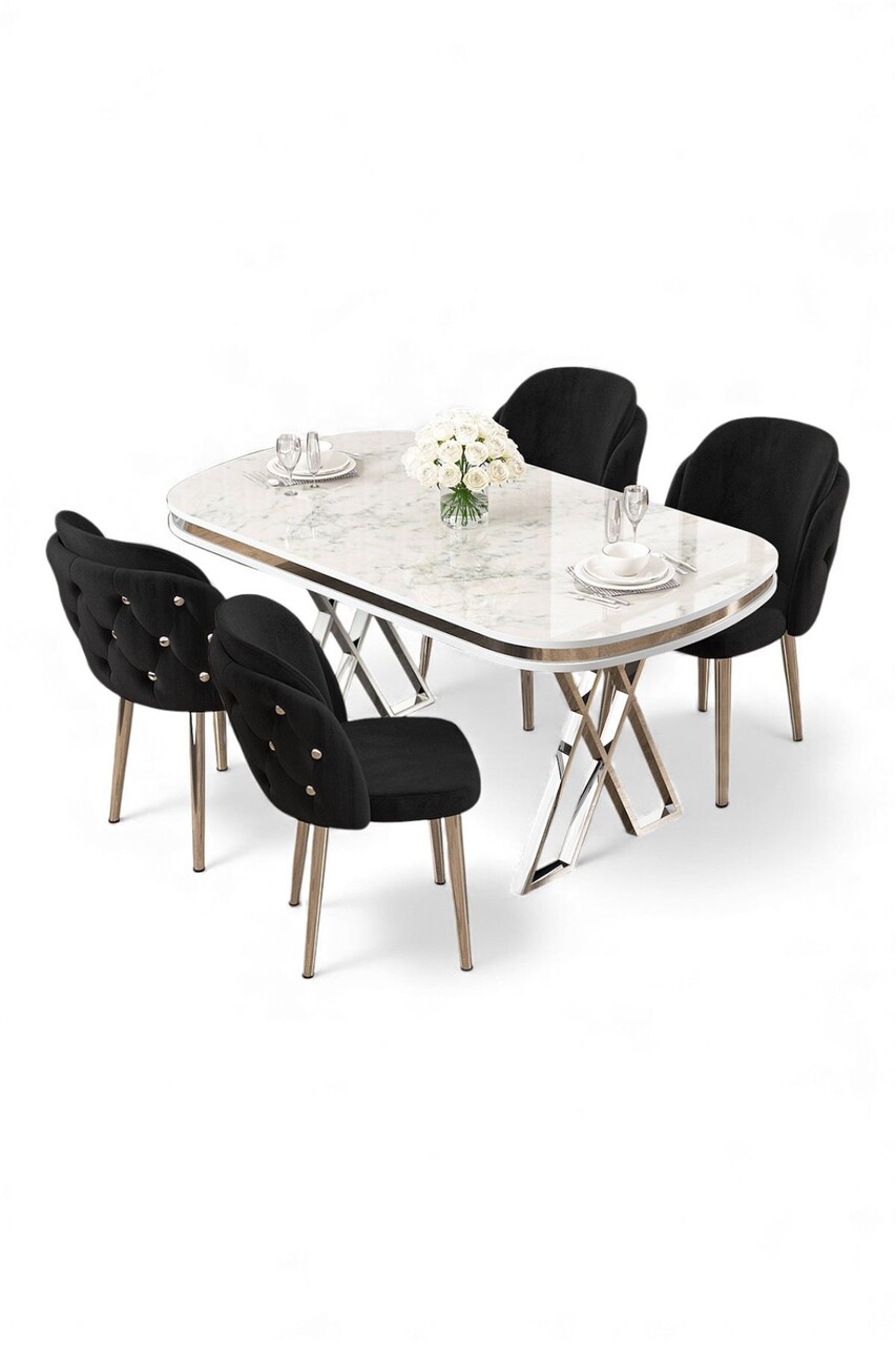 Set masă și scaune (5 bucăți), Hanah Home, Zae, MARMURĂ ALBĂ CROM / NEGRU - view 2