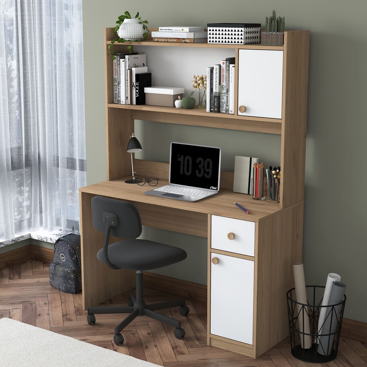Set birou si biblioteca Hanah Home HA127 120x166x50 cm PAL MELAMINAT CALITATE E1 Nuc/Alb